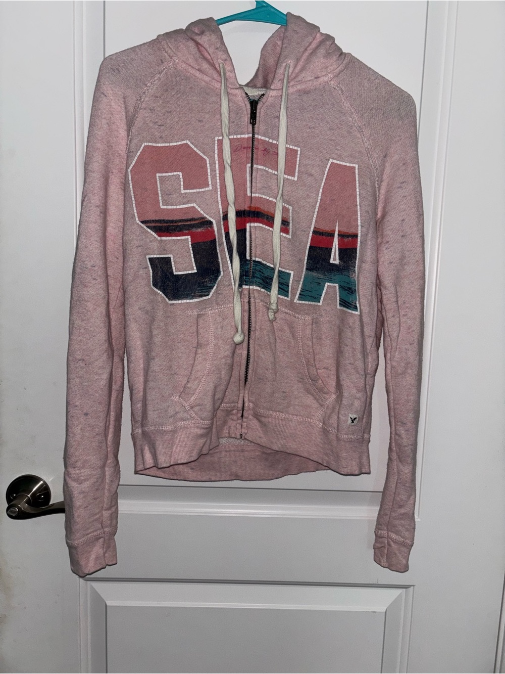 American Eagle Outfitters Pink Zip-Up Hoodie with SEA Graphic